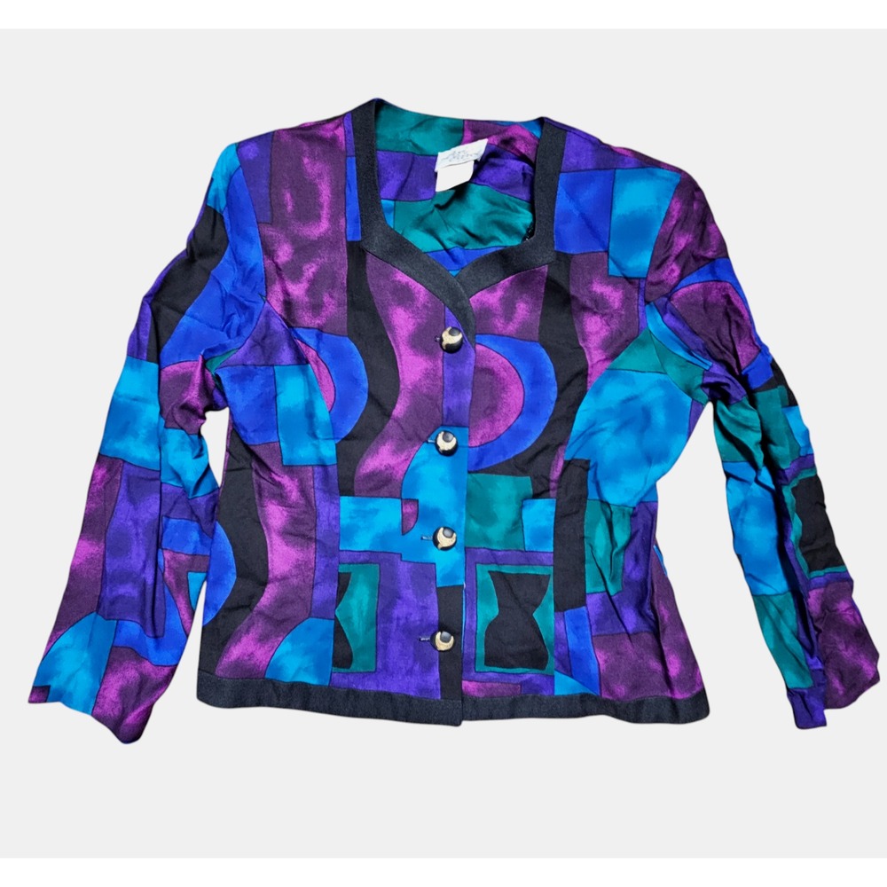 VTG Lady Carol of New York Button Front Long Sleeve Top‎ Abstract Womens 14 USA